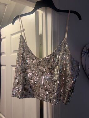 Sequin Spaghetti Strap Crop Cami - Silver